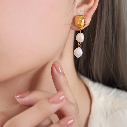 French Retro Shell Pearls Steel Ball Earrings Baroque