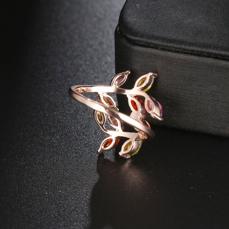 European And American New Color Zircon Tree Branch Leaf Shape Ring