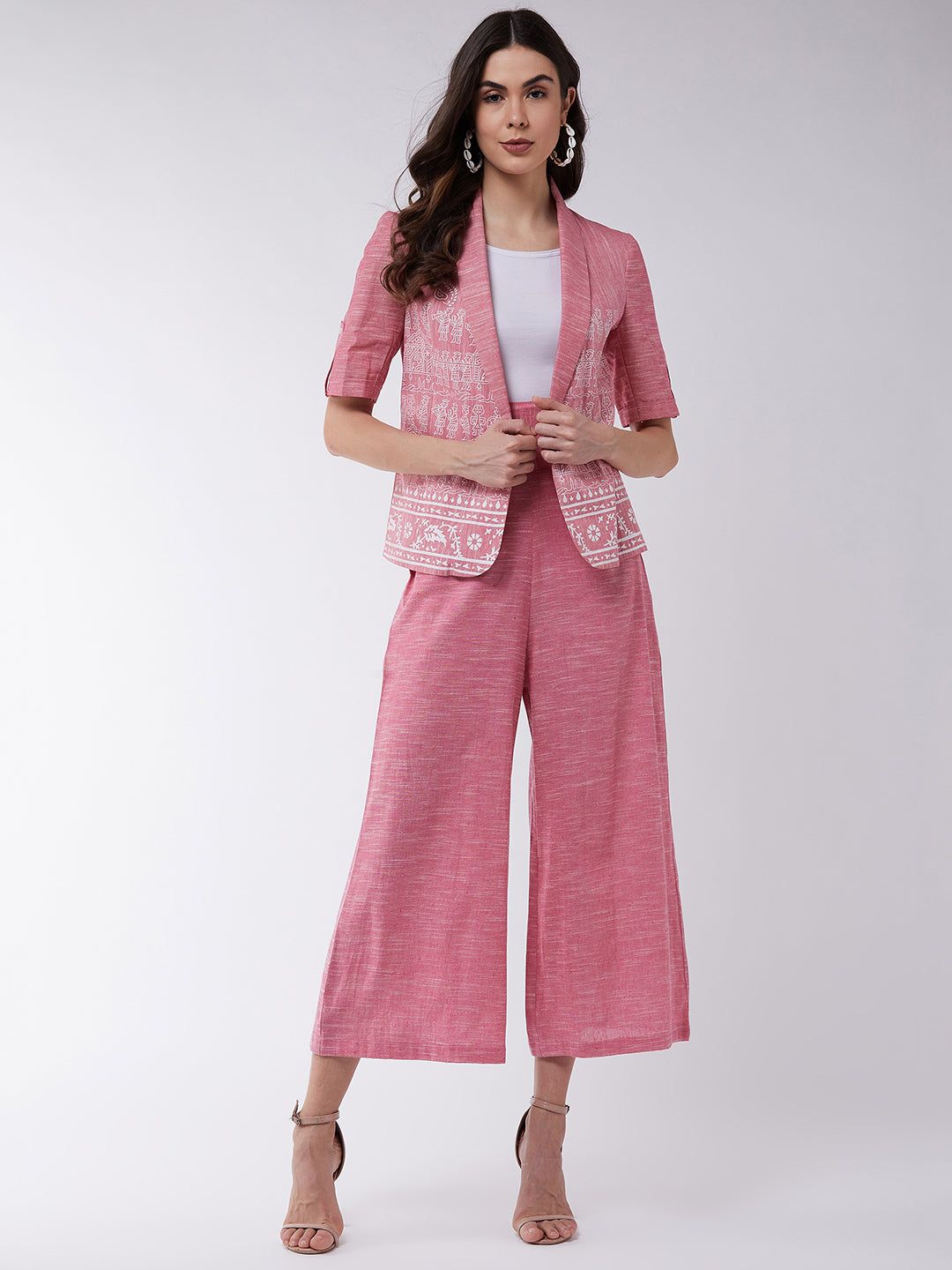 Pannkh Chambray Printed Blazer With High Waist Pant Set