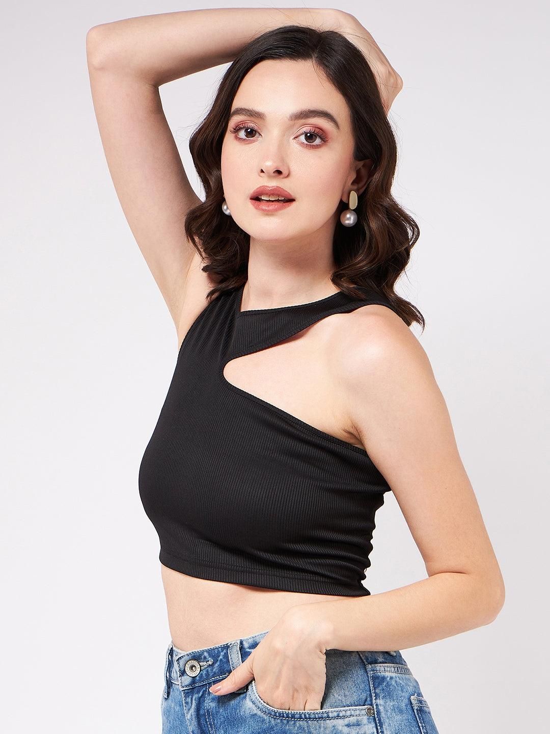 Solid Asymmetric Cut-Out Rib Crop Top For Women's