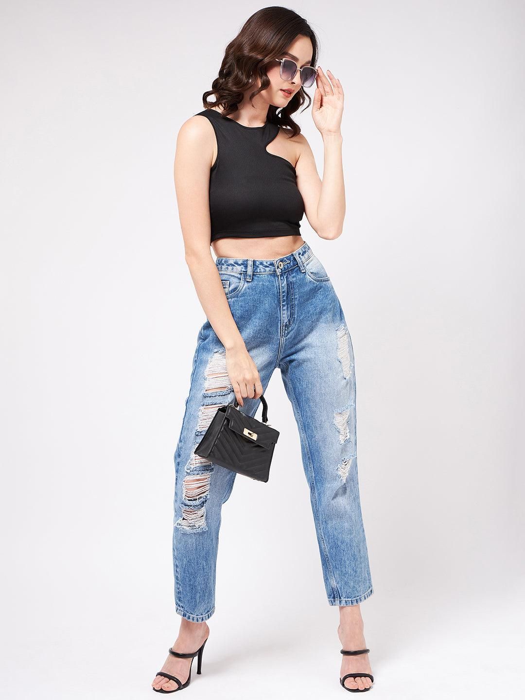 Solid Asymmetric Cut-Out Rib Crop Top For Women's