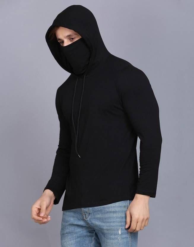 Denzolee Solid Hooded T-Shirt With Mask For Men's