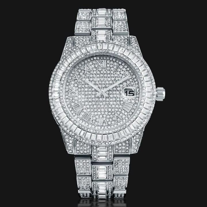 Golden Stone Studded Diamond Wrist Watch For Boys & Men