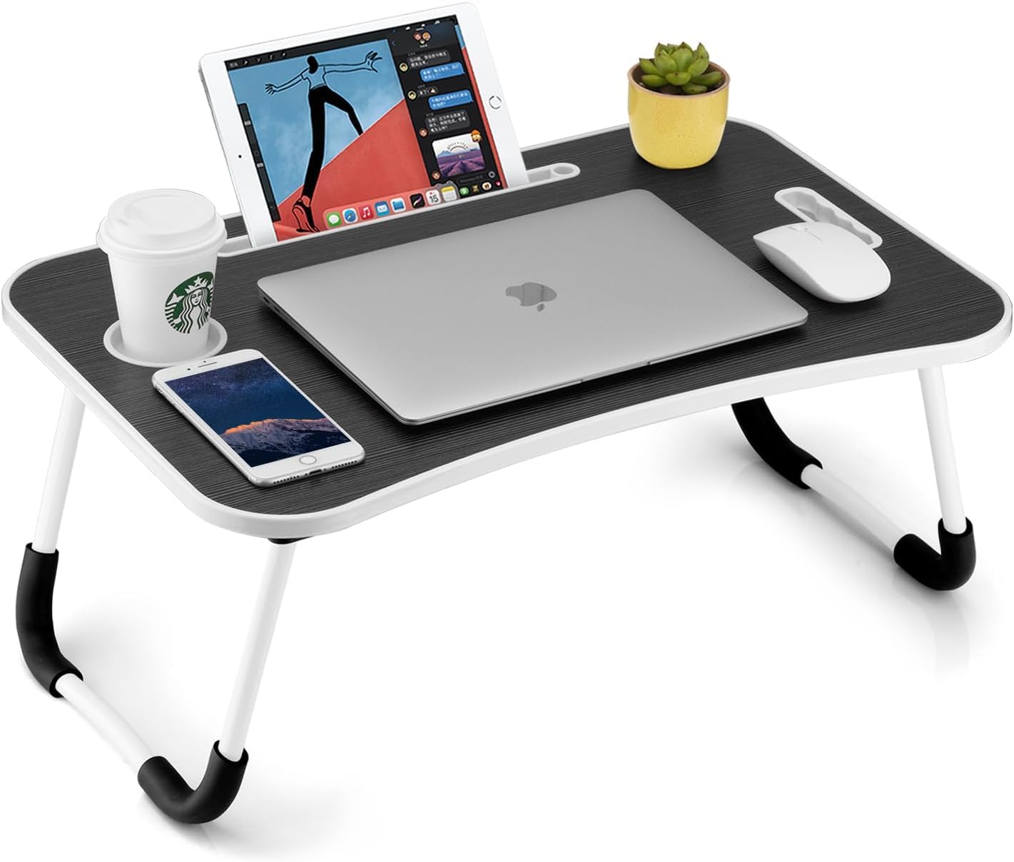 Callas Multipurpose Foldable Laptop Table with Cup Holder | Drawer | Mac Holder | Study Table, Breakfast Table, Foldable and Portable/Ergonomic & Rounded Edges/Non-Slip Legs (WA-27-Black) | Metal