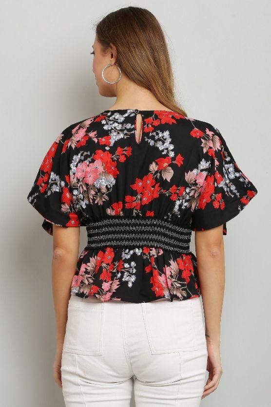 Women's Polyester Cinched Lace Waist Printed Top