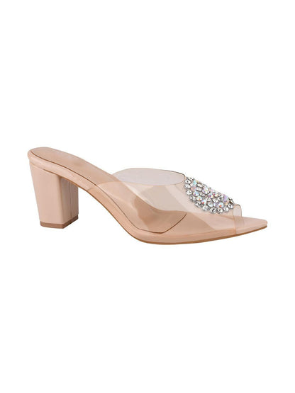 Transparent Block Heel Stone Studded Sandal For Women's