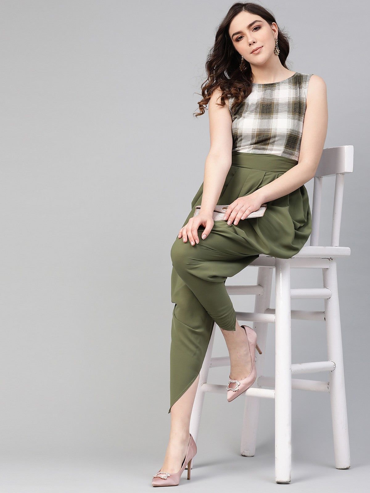 Pannkh Olive Checkered Cowl Jumpsuit