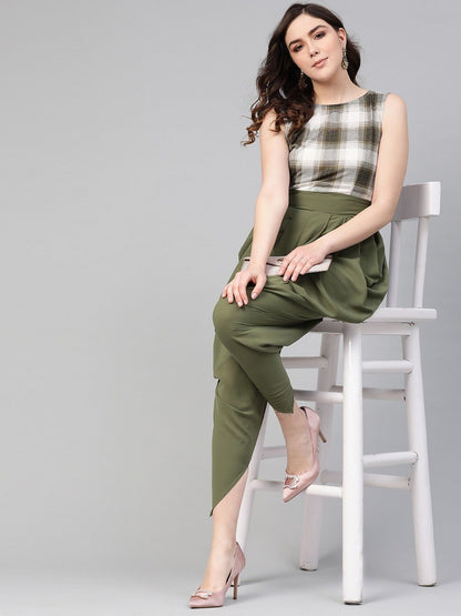 Pannkh Olive Checkered Cowl Jumpsuit