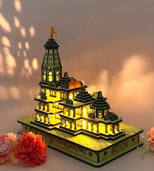 Ram Mandir Ayodhya Wood Temple Model With Light 6inch