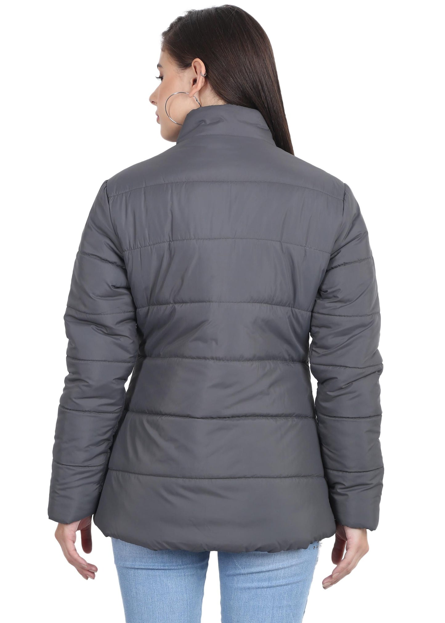 Xohy Women's Grey Winter Wear Full Sleeve Solid Puffer Jacket