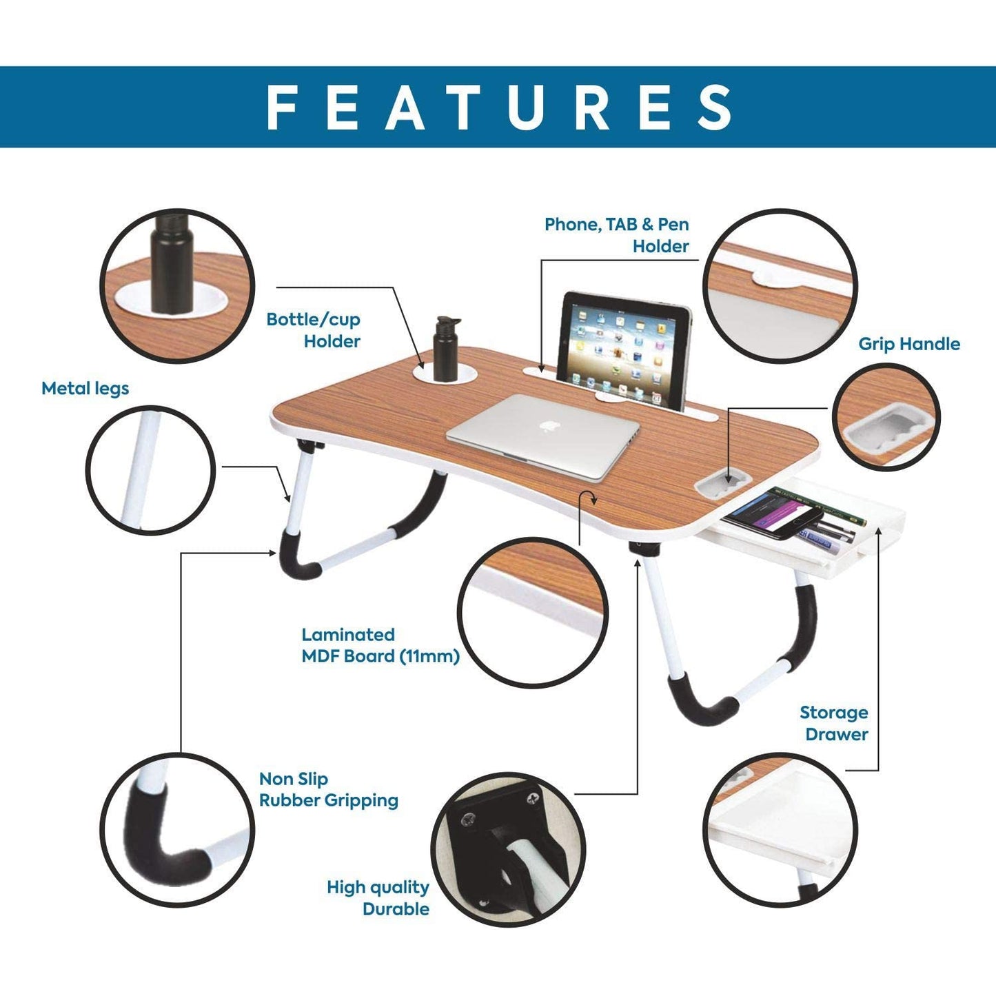 Callas Multipurpose Foldable Laptop Table with Cup Holder | Drawer | Mac Holder | Study Table, Breakfast Table, Foldable and Portable/Ergonomic & Rounded Edges/Non-Slip Legs (WA-27-Black) | Metal