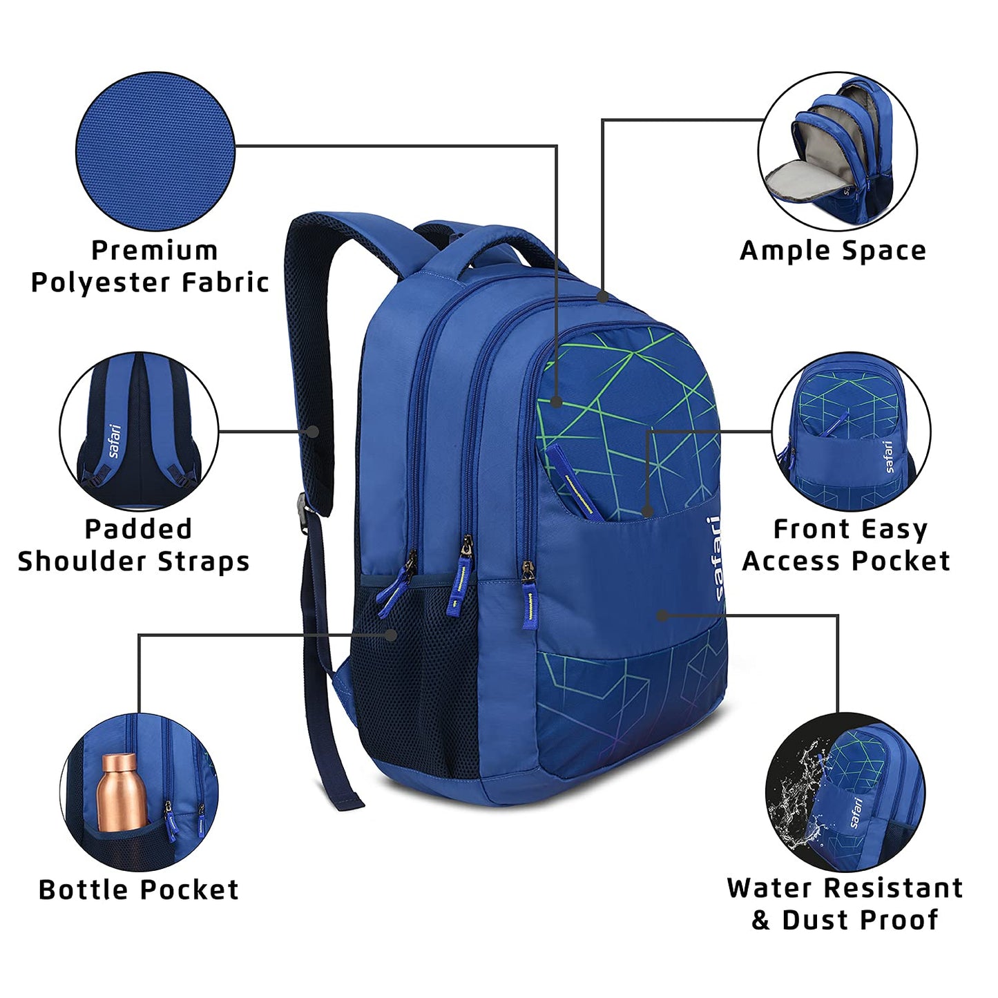 Safari Hitech Large Size 35 Ltrs Water Resistant Standard Backpack - Blue