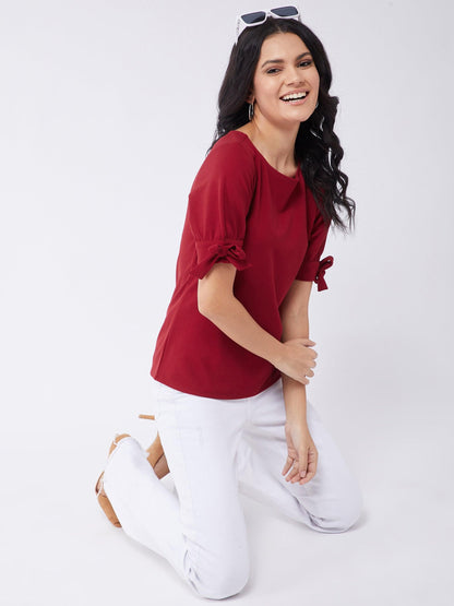 Women's Solid Top With Tie-Up Sleeves