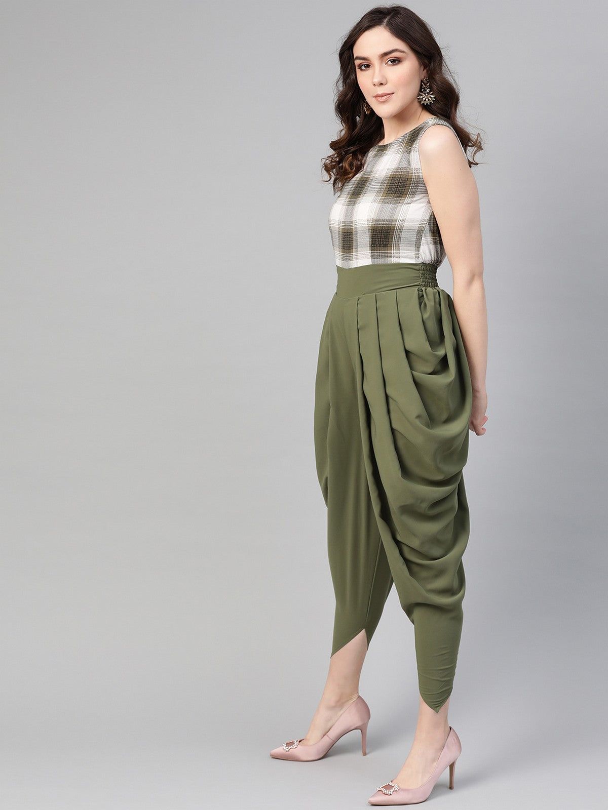 Pannkh Olive Checkered Cowl Jumpsuit