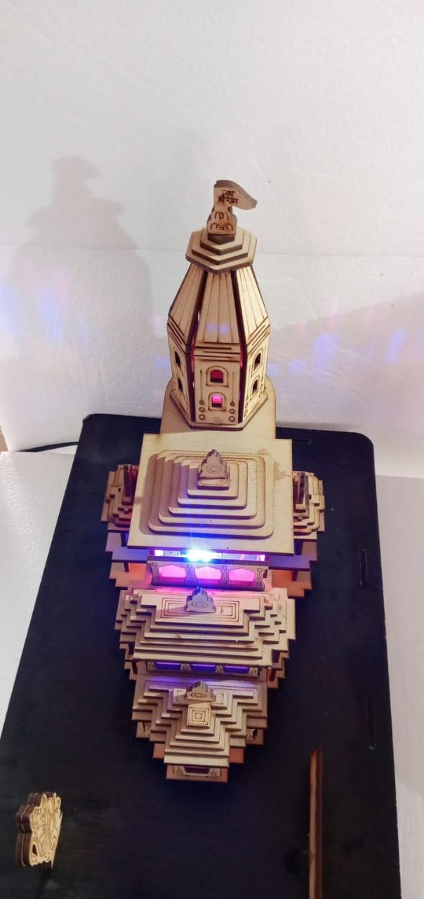 12 inch Ram Mandir Ayodhya Wood Temple Model With 3D Light for Home/Office/Shop Decoration