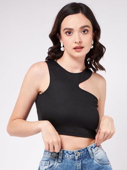 Solid Asymmetric Cut-Out Rib Crop Top For Women's