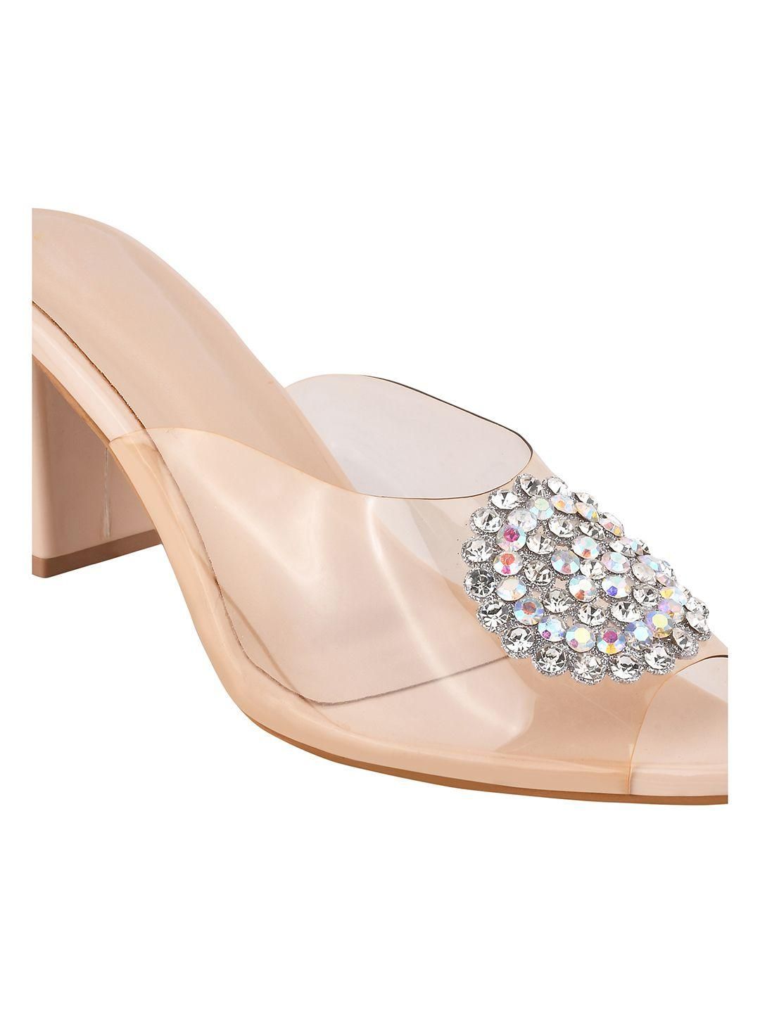 Transparent Block Heel Stone Studded Sandal For Women's