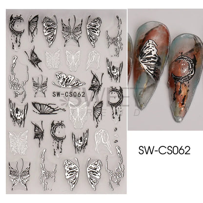 3D Metallic Silver Nail Stickers Butterfly Ink Moon Heart Sliders Charms Lock Dark Black Foils Nail Decor Jewelry Accessory SASW